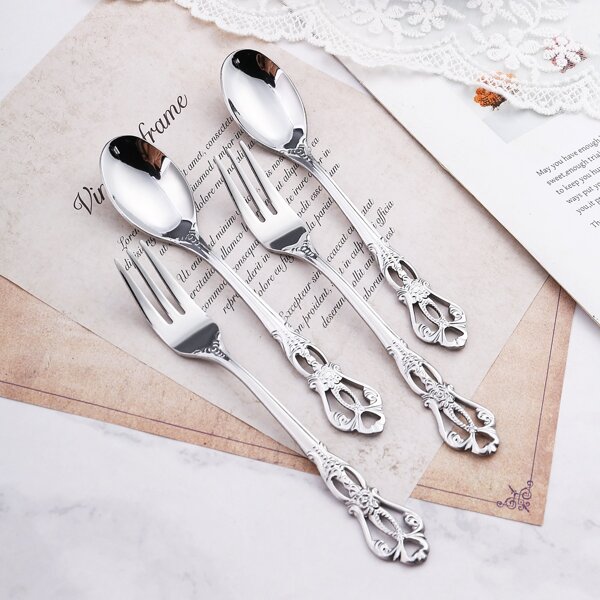 

4pcs Flower Relief Dinnerware Set, Silver