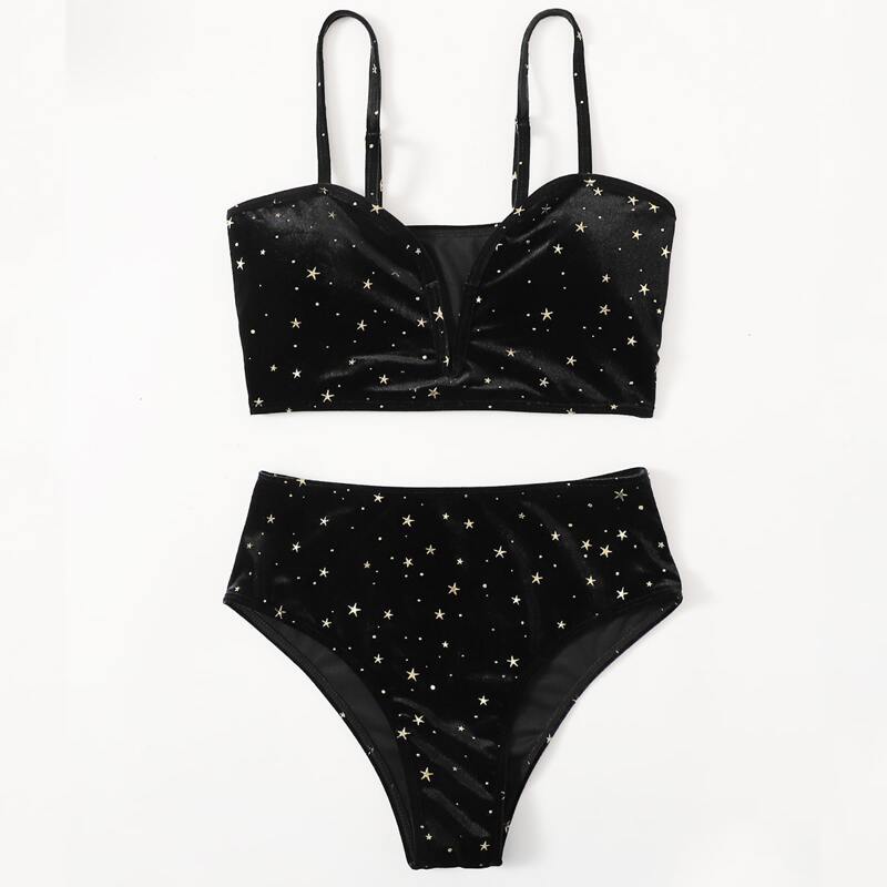 

Star Print Velvet High Waisted Bikini Swimsuit, Black