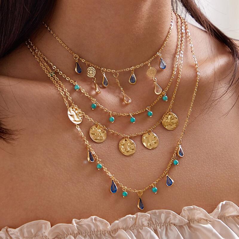 

Disc & Rhinestone Layered Necklace, Gold