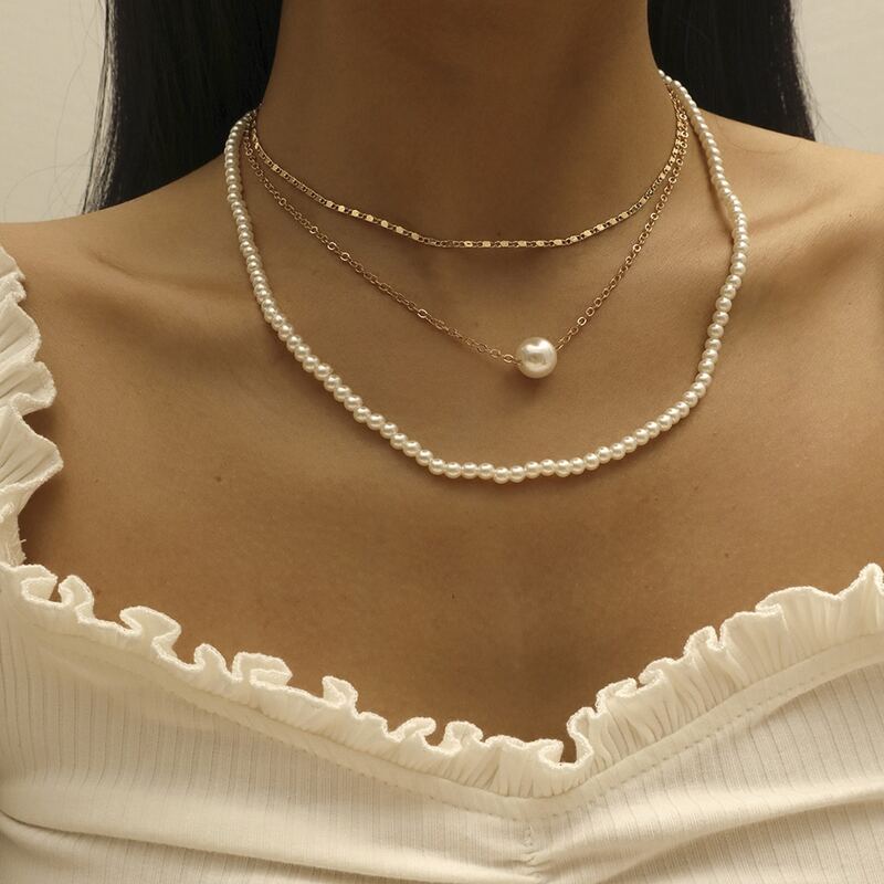 

Faux Pearl Layered Necklace, Gold