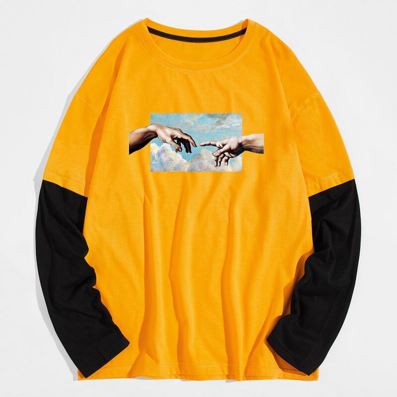 

Men Hands And Cloud Print 2 In 1 Tee, Yellow