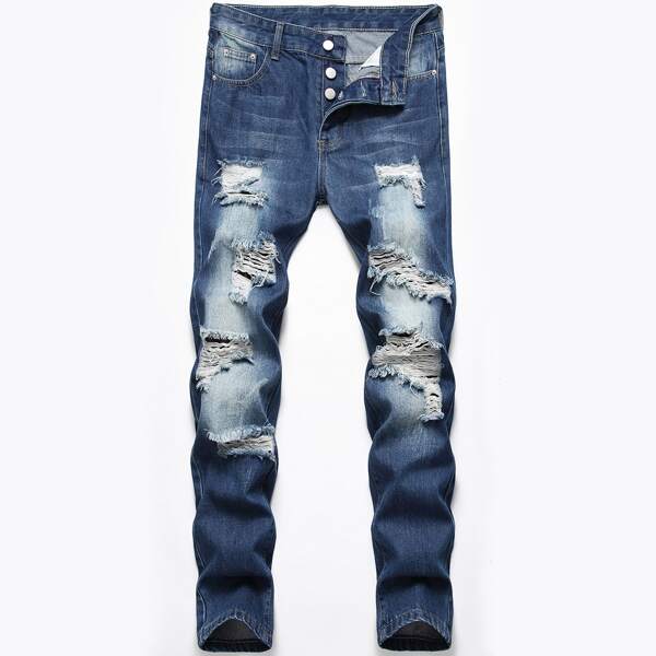 

Men Ripped Raw Wash Skinny Jeans, Medium wash