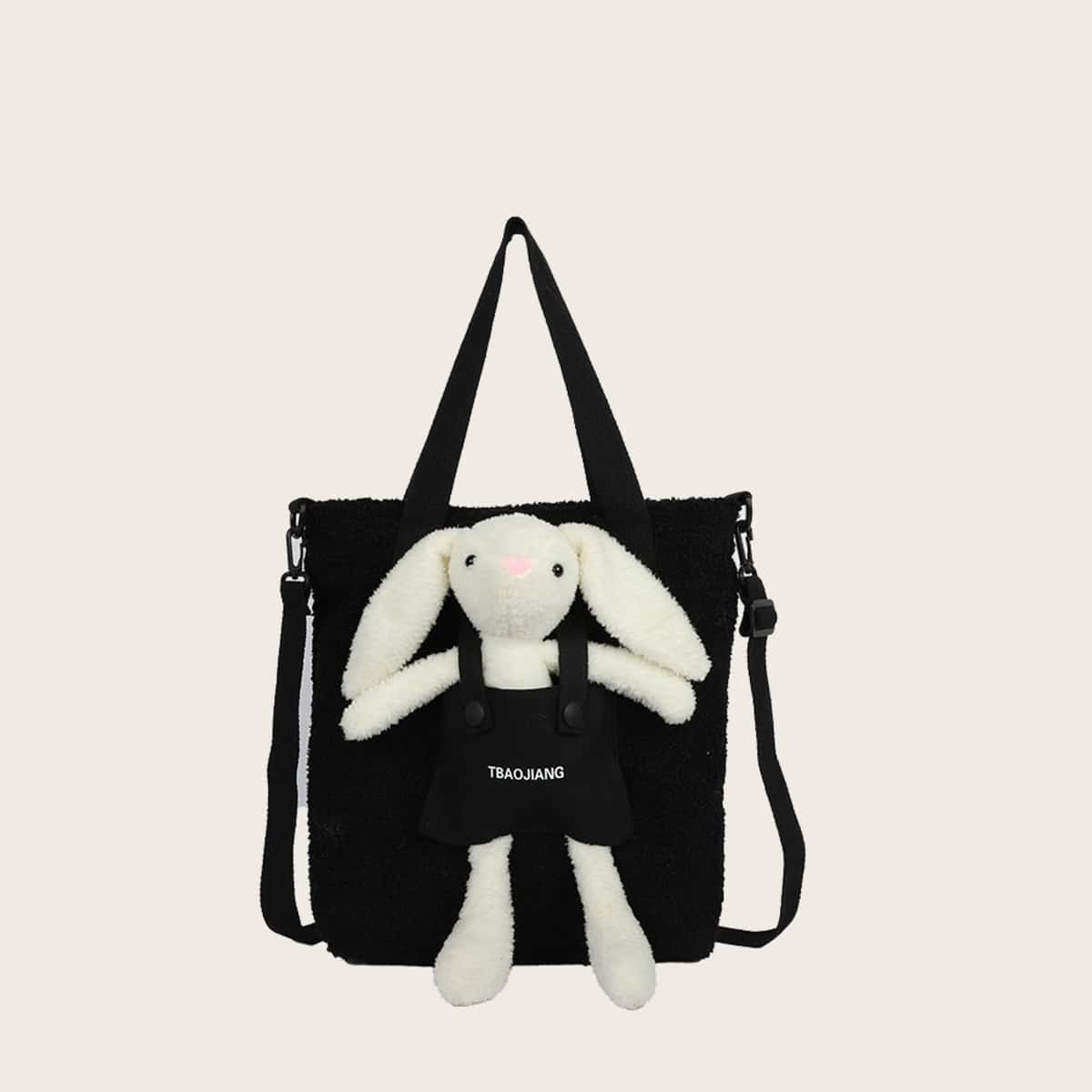 

Rabbit Doll Decor Teddy Tote Bag, Black