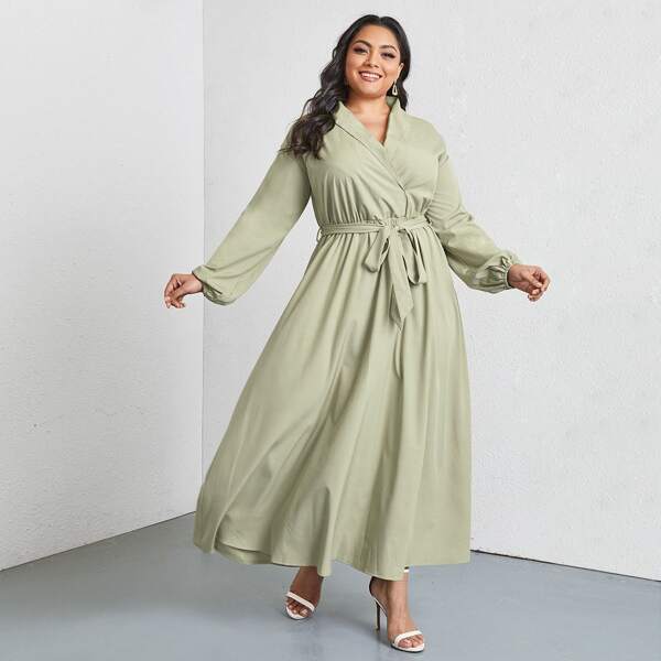 

Plus Solid Shawl Neck Belted Dress, Lime green