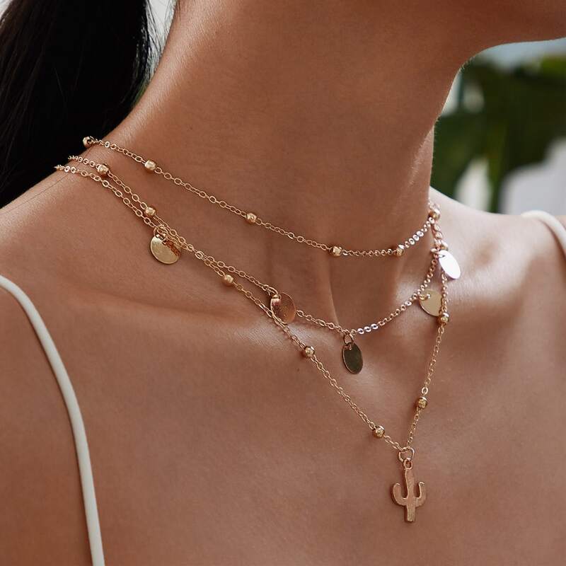 

Disc & Cactus Layered Necklace, Gold