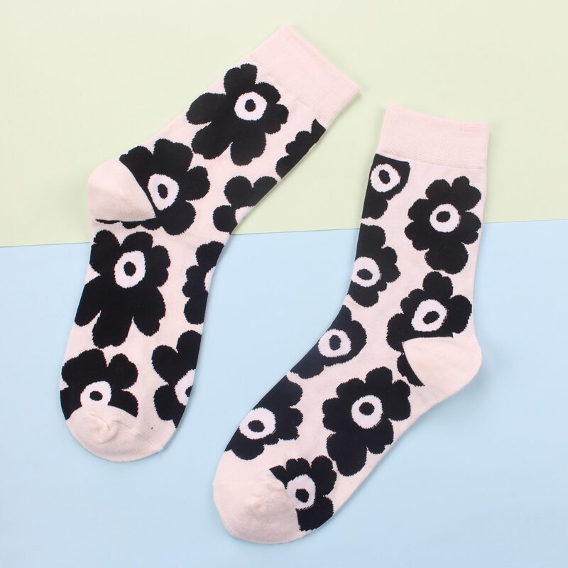 

1pair Flower Crew Socks, Beige