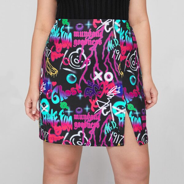 

Plus Letter & Graphic Print Skirt, Multicolor