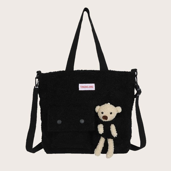 

Girls Cartoon Decor Tote Bag, Black