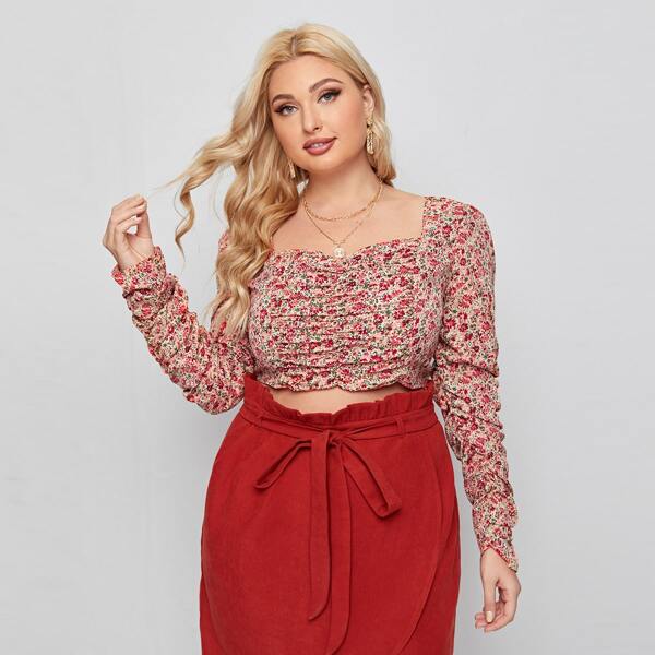 

Plus Ditsy Floral Ruched Puff Sleeve Blouse, Multicolor