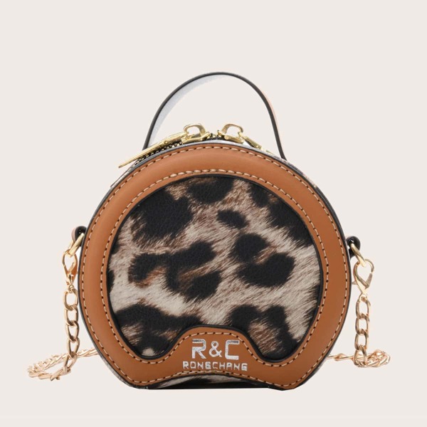 

Mini Letter Graphic Leopard Pattern Satchel Bag, Brown