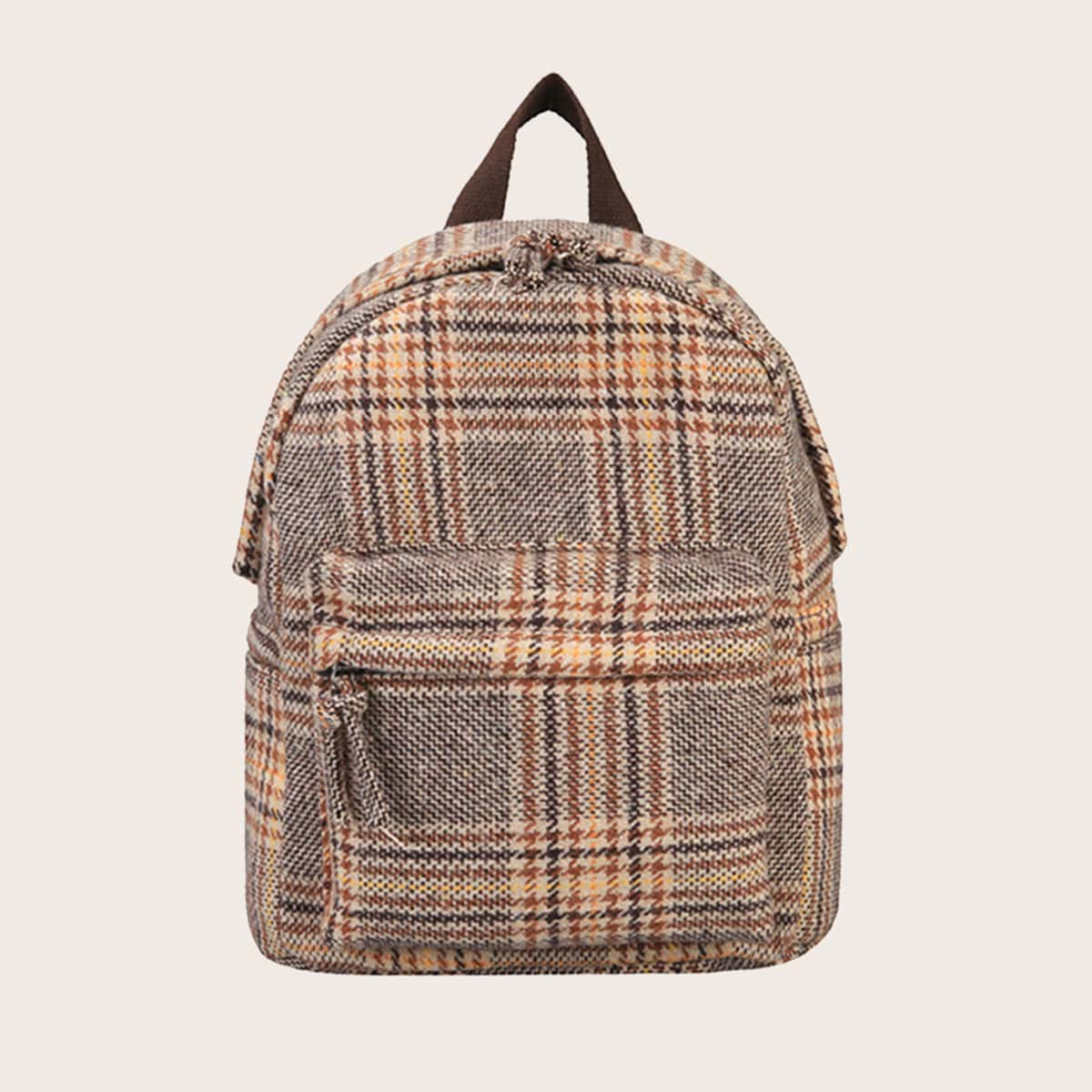 

Pocket Front Plaid Backpack, Brown