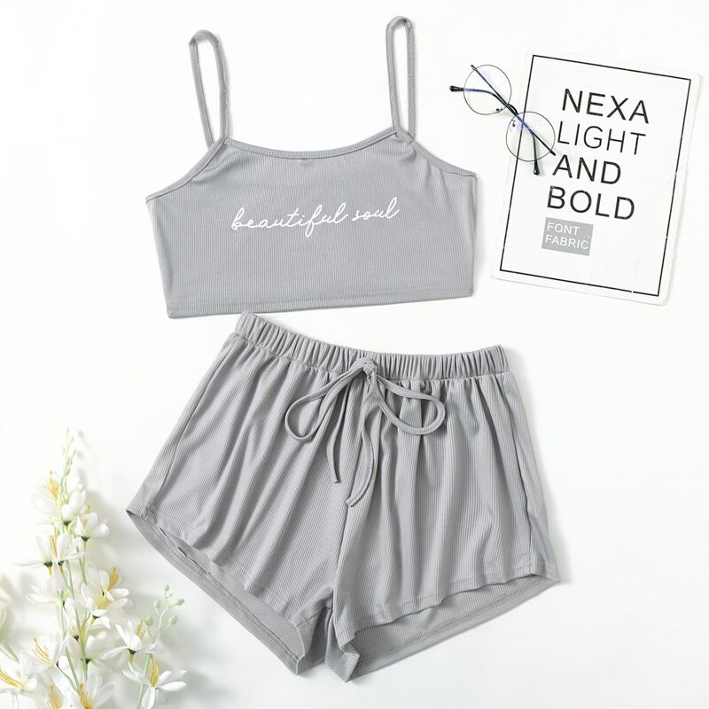 

Slogan Graphic Ribbed Cami Lounge Set, Grey