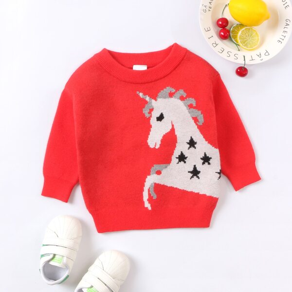 

Baby Girl Cartoon Unicorn And Star Pattern Sweater, Red