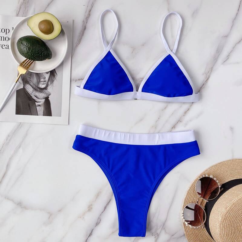 

Contrast Binding Triangle Bikini Swimsuit, Royal blue
