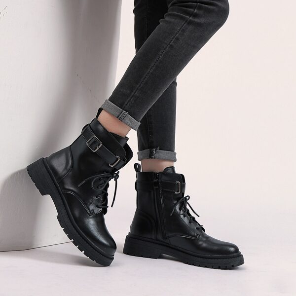 

Lace-up Front Buckle Decor Combat Boots, Black
