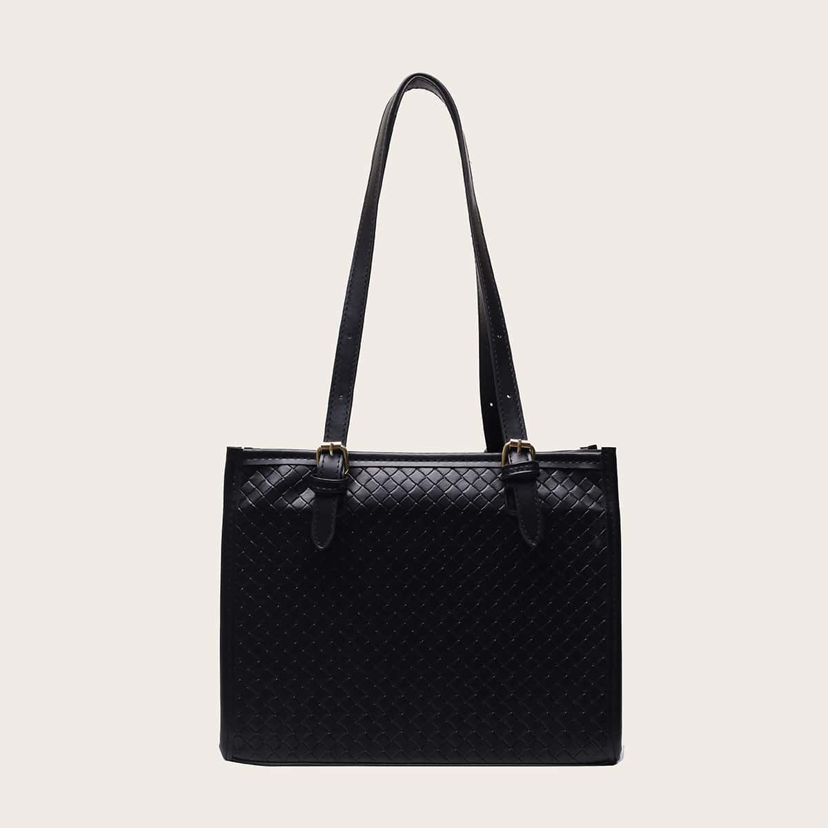 

Braided Buckle Decor Tote Bag, Black