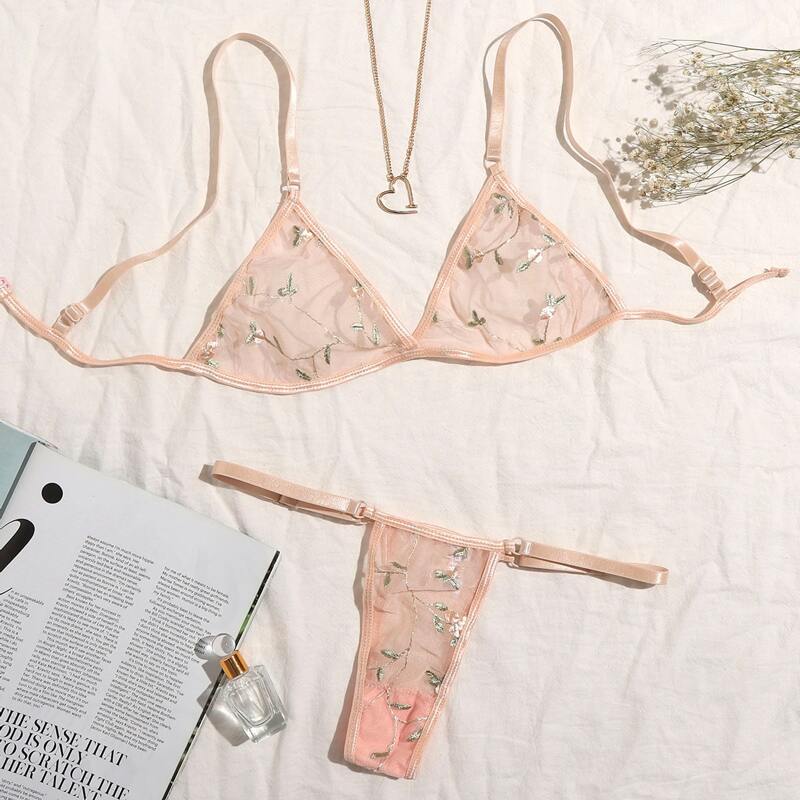 

Embroidered Mesh Lingerie Set, Baby pink
