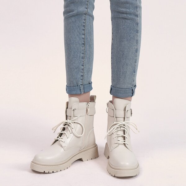 

Lace-up Front Buckle Decor Combat Boots, Beige
