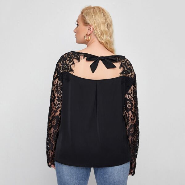 

Plus Tie Back Lace Sleeve Top, Black