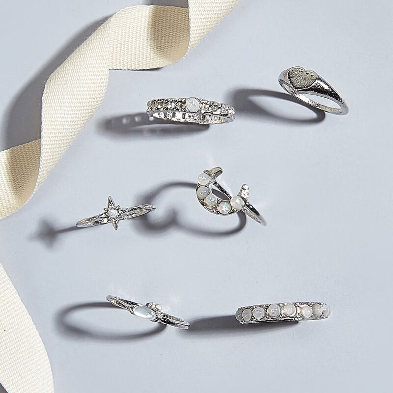 

6pcs Crystal Moon Ring, Silver