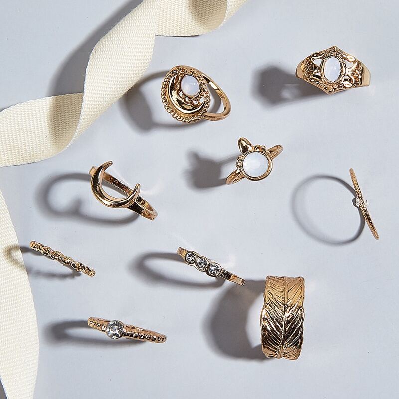 

9pcs Rhinestone Moon & Leaf Ring, Gold