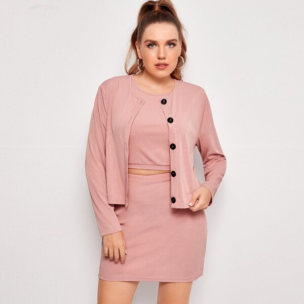 

Plus 3pcs Rib Knit Solid Tops & Skirt, Dusty pink