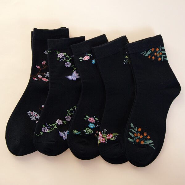 

5pairs Butterfly Print Crew Socks, Black