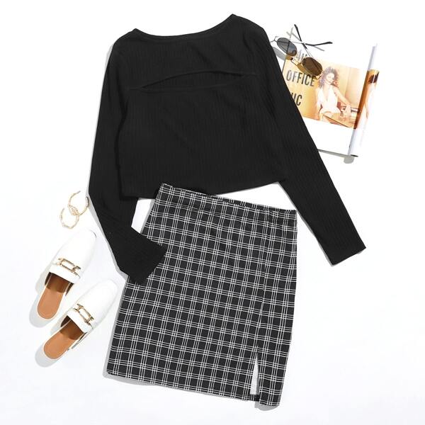 

Plus Cutout Front Rib-knit Top & Slit Hem Plaid Skirt Set, Black