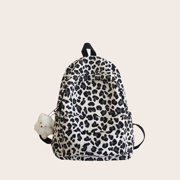 

Cartoon Charm Leopard Print School Bag, Black and white