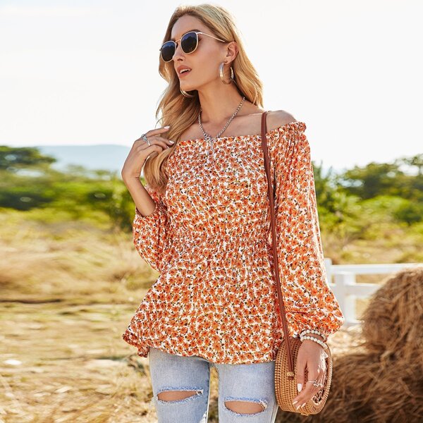 

Ditsy Floral Ruffle Hem Bardot Blouse, Multicolor