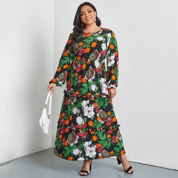 

Plus Allover Floral Frill Trim Dress, Multicolor