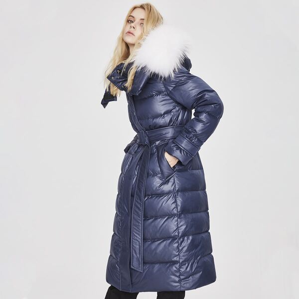 

Fuzzy Hooded Zip Up Buckle Belted Down Coat, Navy blue