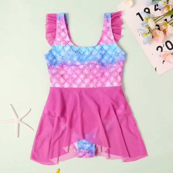 

Girls Fish Scale Print Ruffle One Piece Swimsuit, Multicolor