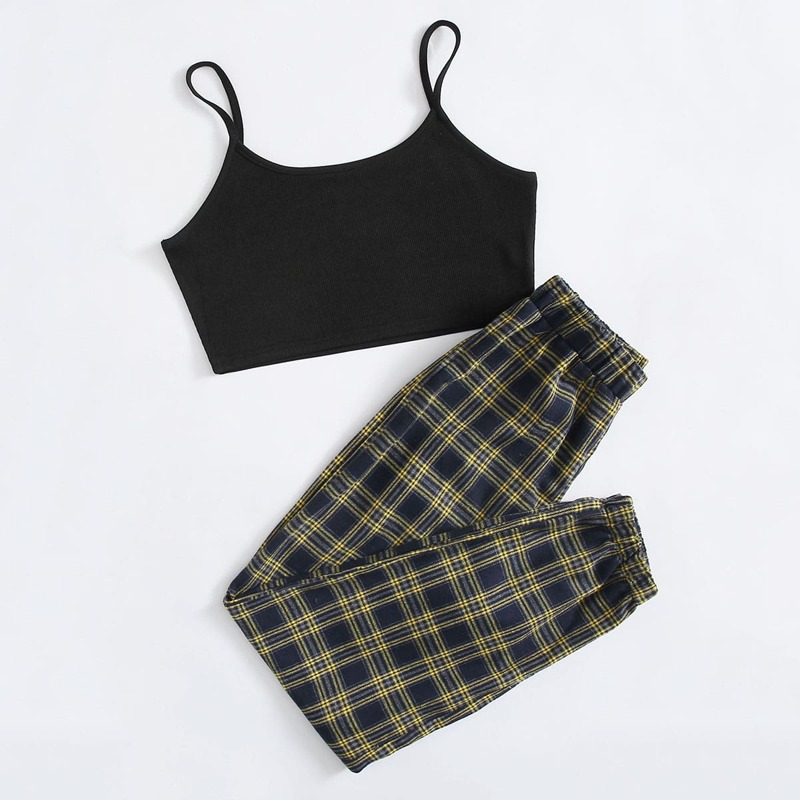 

Solid Crop Cami & Tartan Pants, Multicolor
