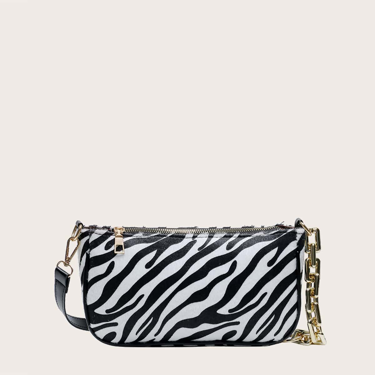 

Zebra Striped Shoulder Bag, Black and white