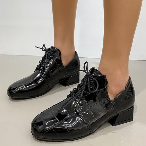 

Croc Embossed Lace Up Front Pumps, Black