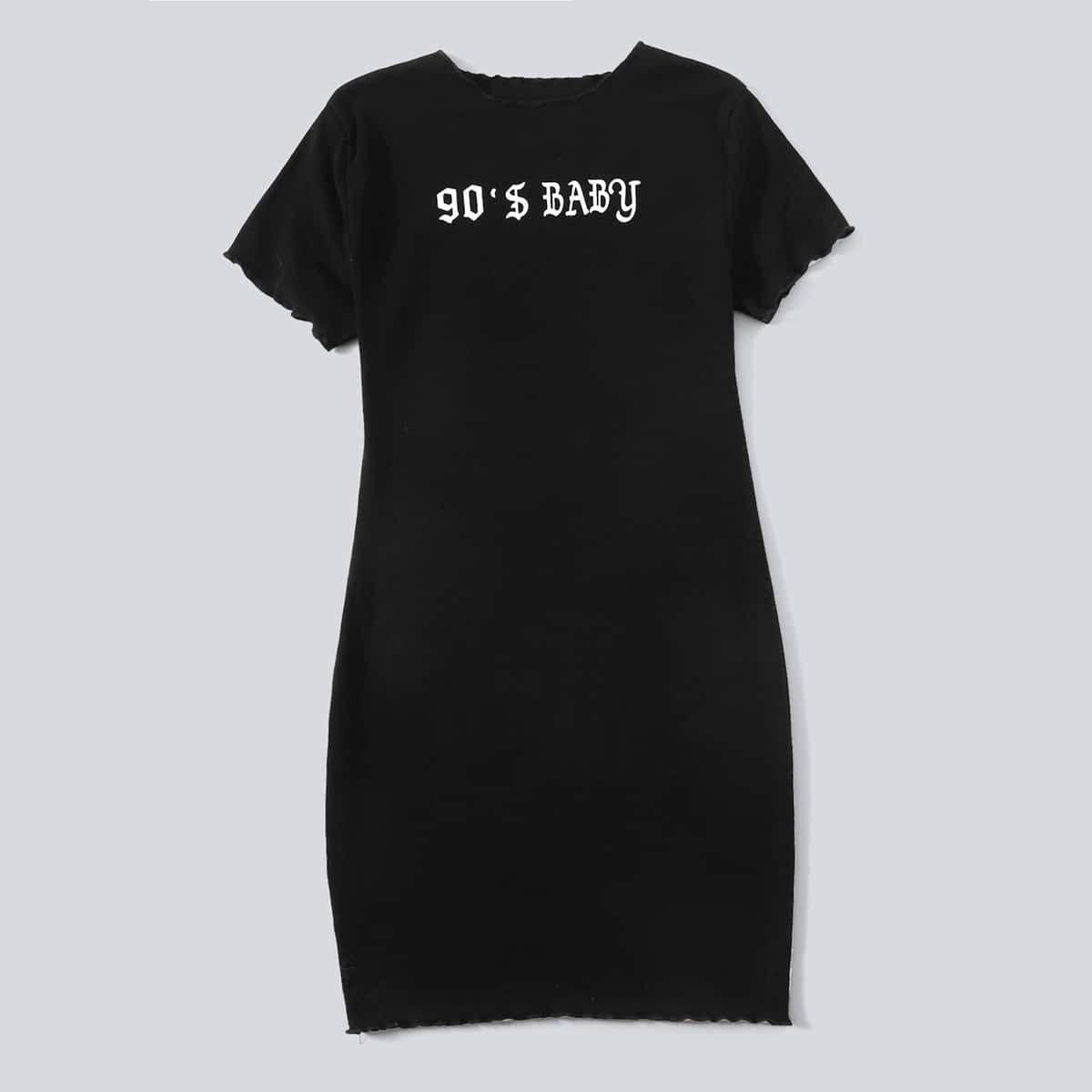 

Letter Lettuce Trim Dress, Black