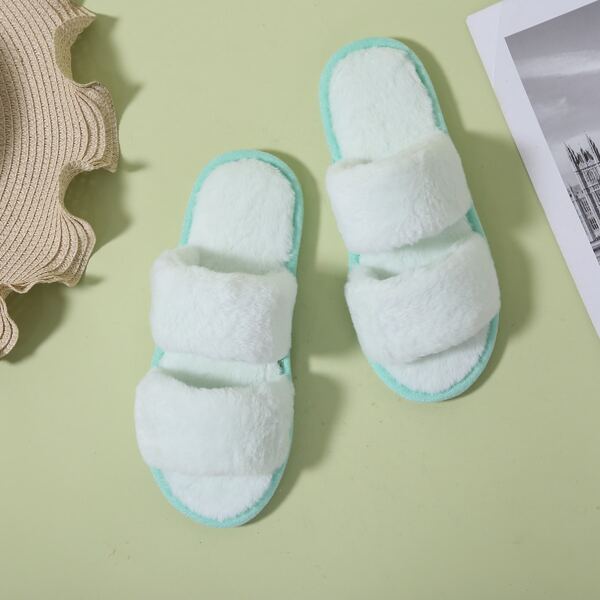 

Fluffy Double Strap Slippers, Green