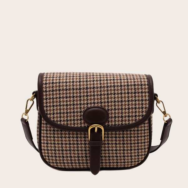 

Houndstooth Pattern Buckle Decor Crossbody Bag, Coffee brown