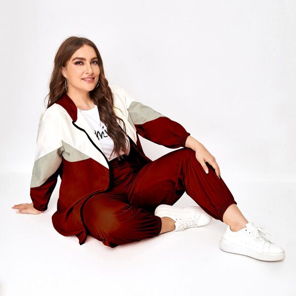 

Plus Cut And Sew Hooded Jacket & Sweatpants, Multicolor