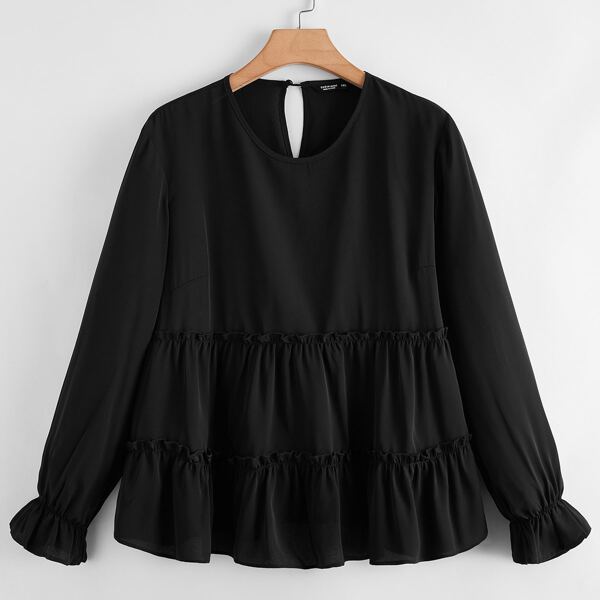 

Plus Solid Flounce Sleeve Babydoll Blouse, Black
