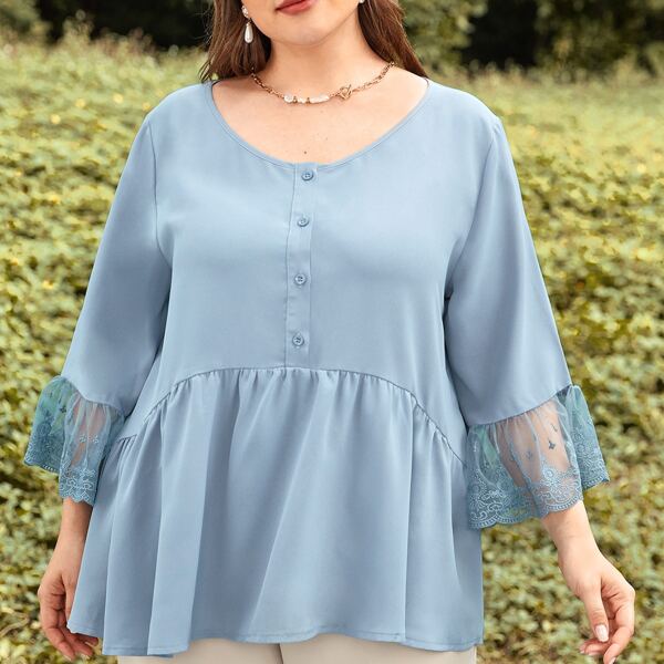 

Plus Contrast Lace Half Button Babydoll Blouse, Baby blue
