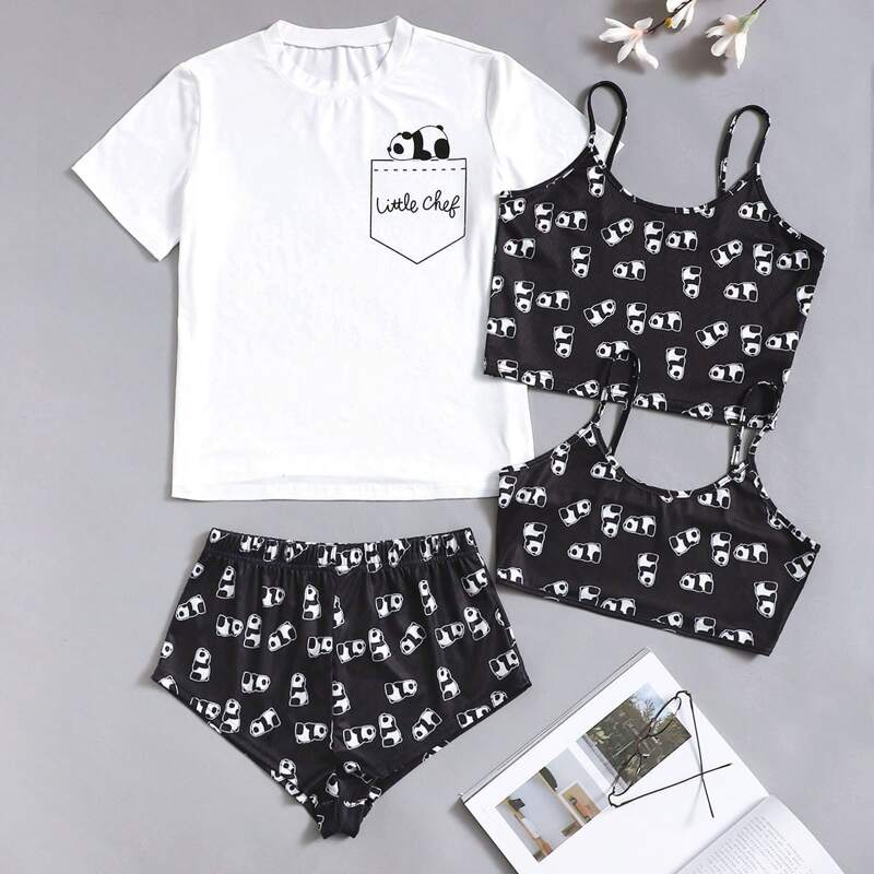 

4pcs Panda And Letter Graphic Pajama Set, Black and white