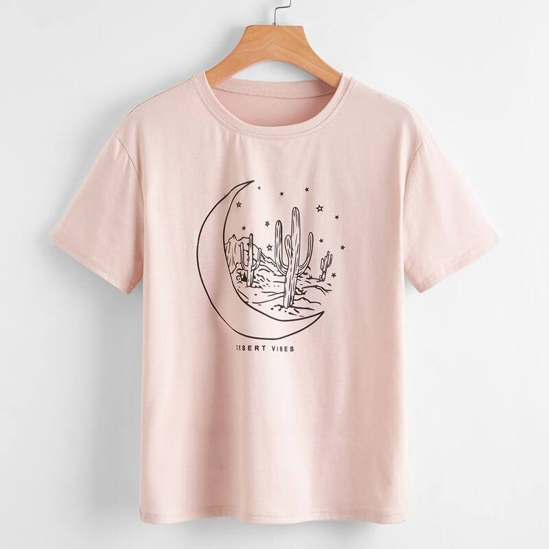 

Letter Moon & Cactus Graphic Tee, Baby pink