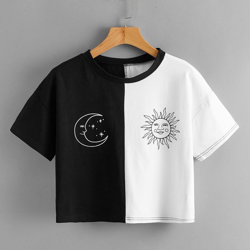 

Sun & Moon Graphic Colorblock Crop Tee, Black and white