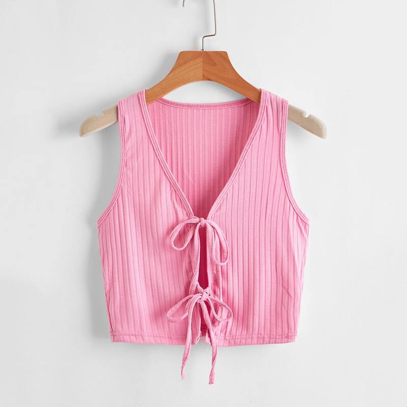 

Tie Front Ribbed Top, Pink