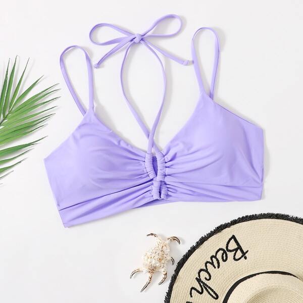 

Plus Drawstring Front Halter Bikini Top, Pastel lilac purple