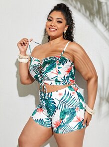 SHEIN Swim Curve Plus Size Tropical Lace-Up Front Frill Bikini Set Summer Beach - Multicolor - View 3