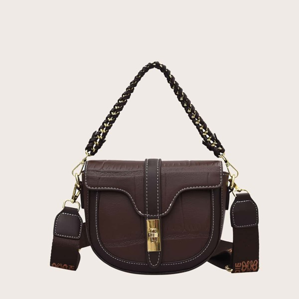 

Twist Lock Croc Embossed Shoulder Bag, Coffee brown