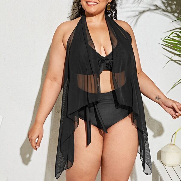 

3pack Plus Ruched knot Front Halter Bikini Swimsuit, Black